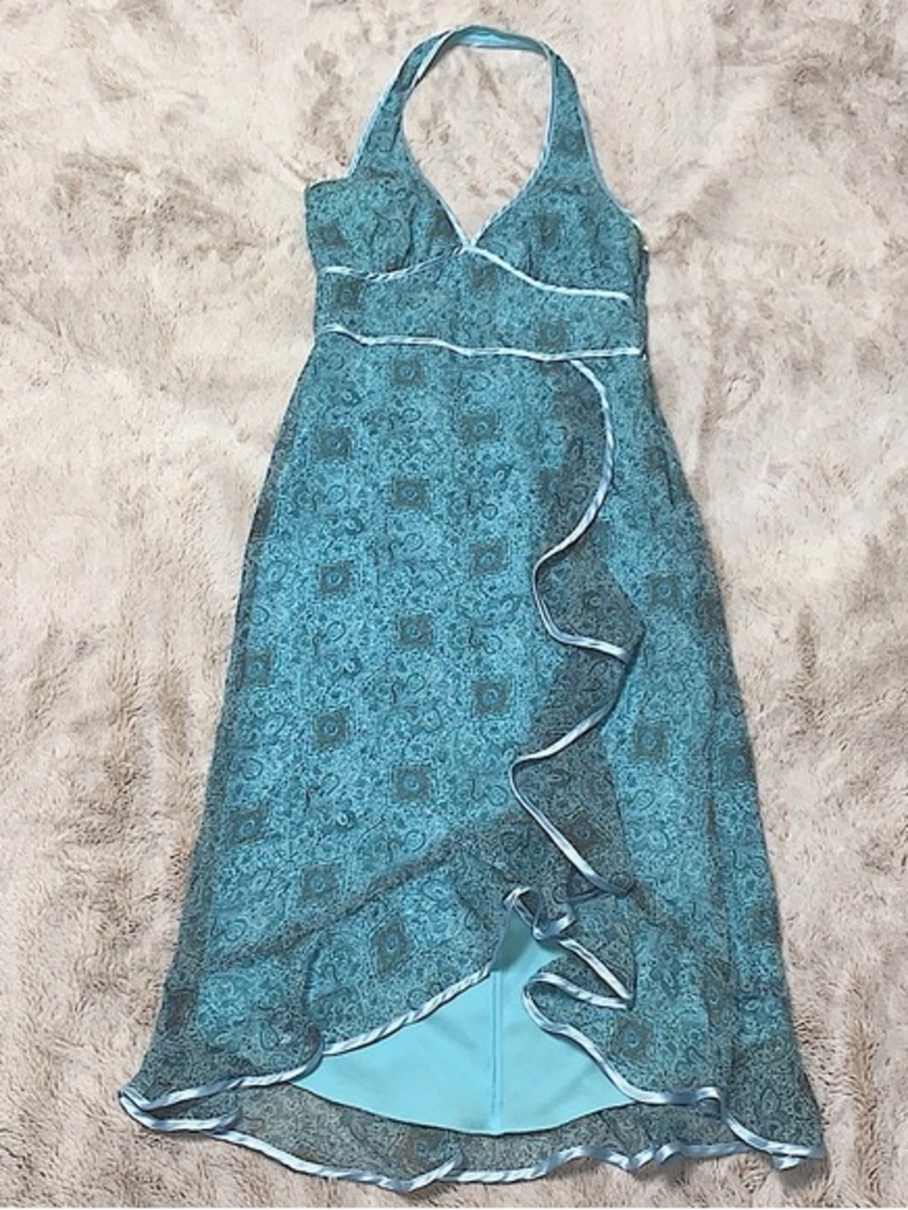 Turquoise Blue Halter Maxi Dress with Ruffle Trim
